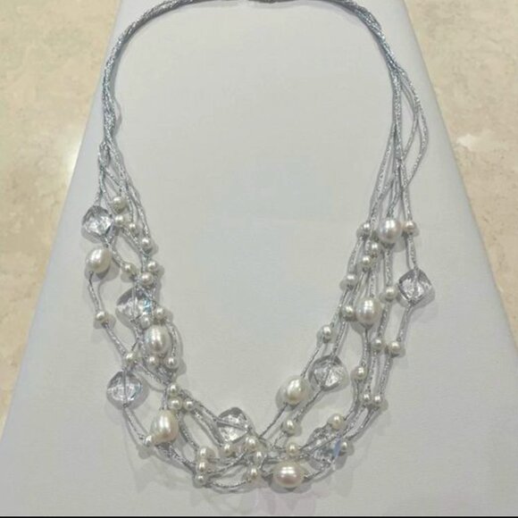 Sterling Silver, Natural Pearl & Crystal Multi Strand 19”L Necklace - Picture 1 of 3